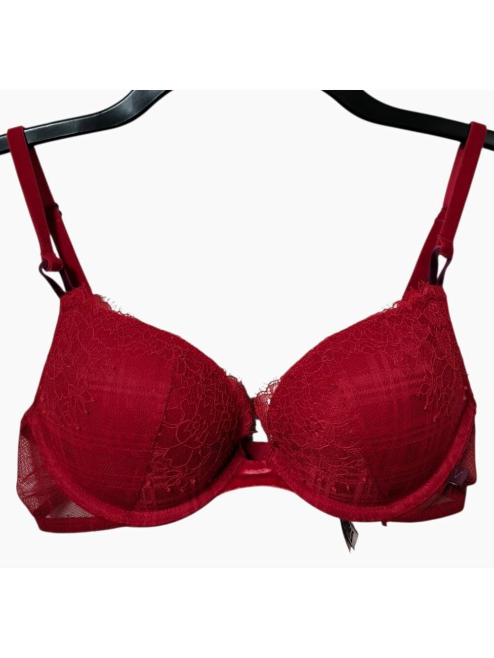 Victoria’s Secret T-Shirt Push Up Bra 32C Red Lace Plaid Underwire Padded